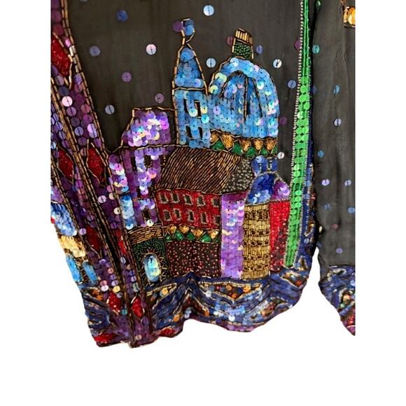 Vintage Sequin Together! Wearable Art Silk Jacket Storybook Cityscape Size M - Picture 5 of 8